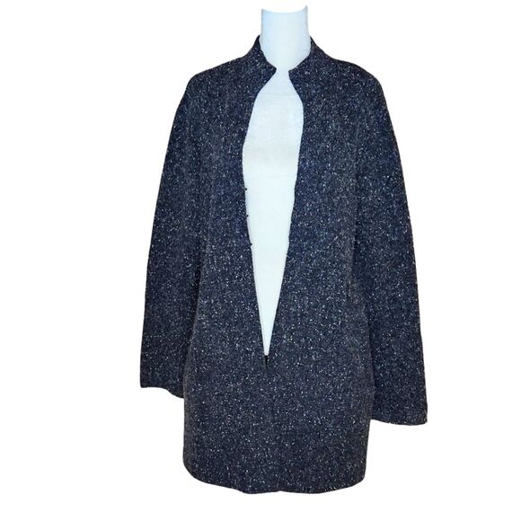 Eileen Fisher Funnel Neck Cardigan Sweater Charcoal Speckled Wool Blend Medium - Picture 3 of 13